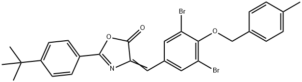 2-(4-tert-butylphenyl)-4-{3,5-dibromo-4-[(4-methylbenzyl)oxy]benzylidene}-1,3-oxazol-5(4H)-one Struktur