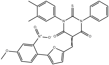 1-(3,4-dimethylphenyl)-5-[(5-{2-nitro-4-methoxyphenyl}-2-furyl)methylene]-3-phenyl-2-thioxodihydro-4,6(1H,5H)-pyrimidinedione Struktur