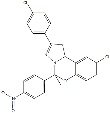 9-chloro-2-(4-chlorophenyl)-5-{4-nitrophenyl}-5-methyl-1,10b-dihydropyrazolo[1,5-c][1,3]benzoxazine Struktur