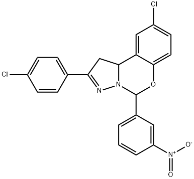 9-chloro-2-(4-chlorophenyl)-5-{3-nitrophenyl}-1,10b-dihydropyrazolo[1,5-c][1,3]benzoxazine Struktur