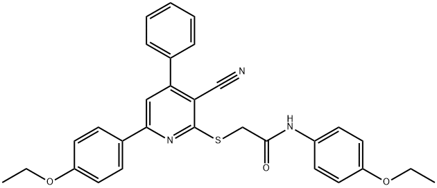 2-{[3-cyano-6-(4-ethoxyphenyl)-4-phenyl-2-pyridinyl]sulfanyl}-N-(4-ethoxyphenyl)acetamide Struktur