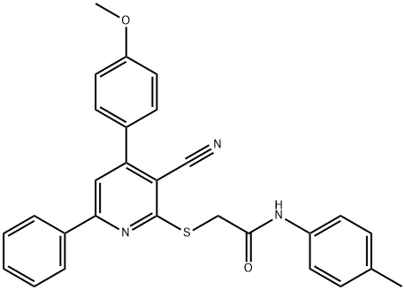 2-{[3-cyano-4-(4-methoxyphenyl)-6-phenyl-2-pyridinyl]sulfanyl}-N-(4-methylphenyl)acetamide Struktur