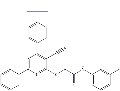 2-{[4-(4-tert-butylphenyl)-3-cyano-6-phenyl-2-pyridinyl]sulfanyl}-N-(3-methylphenyl)acetamide Struktur