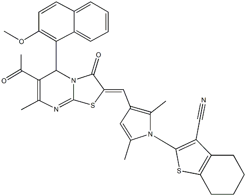 2-(3-{[6-acetyl-5-(2-methoxy-1-naphthyl)-7-methyl-3-oxo-5H-[1,3]thiazolo[3,2-a]pyrimidin-2(3H)-ylidene]methyl}-2,5-dimethyl-1H-pyrrol-1-yl)-4,5,6,7-tetrahydro-1-benzothiophene-3-carbonitrile Struktur