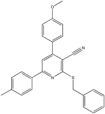 2-(benzylsulfanyl)-4-(4-methoxyphenyl)-6-(4-methylphenyl)nicotinonitrile Struktur