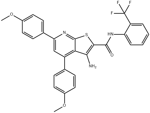 3-amino-4,6-bis(4-methoxyphenyl)-N-[2-(trifluoromethyl)phenyl]thieno[2,3-b]pyridine-2-carboxamide Struktur