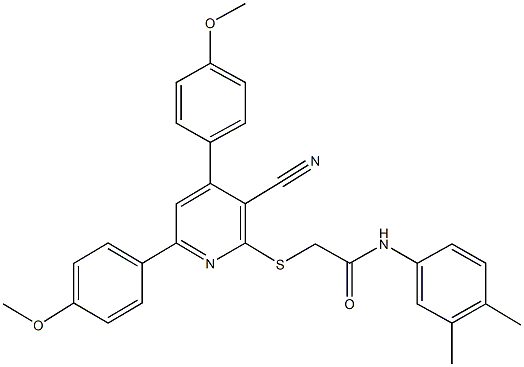 2-{[3-cyano-4,6-bis(4-methoxyphenyl)-2-pyridinyl]sulfanyl}-N-(3,4-dimethylphenyl)acetamide Struktur