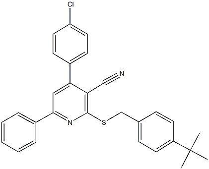 2-[(4-tert-butylbenzyl)sulfanyl]-4-(4-chlorophenyl)-6-phenylnicotinonitrile Struktur