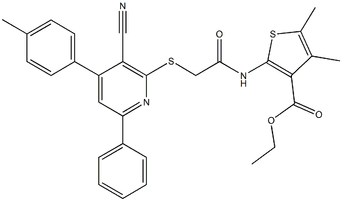 ethyl 2-[({[3-cyano-4-(4-methylphenyl)-6-phenyl-2-pyridinyl]sulfanyl}acetyl)amino]-4,5-dimethyl-3-thiophenecarboxylate Struktur