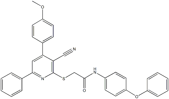 2-{[3-cyano-4-(4-methoxyphenyl)-6-phenyl-2-pyridinyl]sulfanyl}-N-(4-phenoxyphenyl)acetamide Struktur