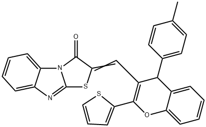 2-{[4-(4-methylphenyl)-2-(2-thienyl)-4H-chromen-3-yl]methylene}[1,3]thiazolo[3,2-a]benzimidazol-3(2H)-one Struktur