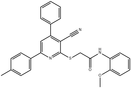 2-{[3-cyano-6-(4-methylphenyl)-4-phenyl-2-pyridinyl]sulfanyl}-N-(2-methoxyphenyl)acetamide Struktur