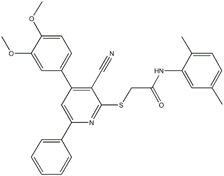 2-{[3-cyano-4-(3,4-dimethoxyphenyl)-6-phenyl-2-pyridinyl]sulfanyl}-N-(2,5-dimethylphenyl)acetamide Struktur