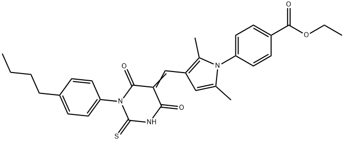 ethyl 4-{3-[(1-(4-butylphenyl)-4,6-dioxo-2-thioxotetrahydro-5(2H)-pyrimidinylidene)methyl]-2,5-dimethyl-1H-pyrrol-1-yl}benzoate Struktur