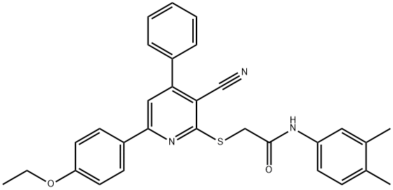 2-{[3-cyano-6-(4-ethoxyphenyl)-4-phenyl-2-pyridinyl]sulfanyl}-N-(3,4-dimethylphenyl)acetamide Struktur