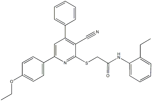 2-{[3-cyano-6-(4-ethoxyphenyl)-4-phenyl-2-pyridinyl]sulfanyl}-N-(2-ethylphenyl)acetamide Struktur