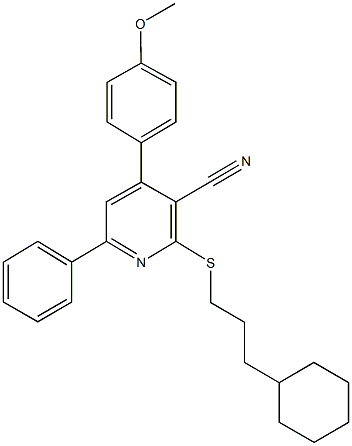 2-[(3-cyclohexylpropyl)sulfanyl]-4-(4-methoxyphenyl)-6-phenylnicotinonitrile Struktur