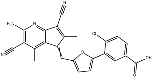 3-{5-[(2-amino-3,7-dicyano-4,6-dimethyl-5H-cyclopenta[b]pyridin-5-ylidene)methyl]-2-furyl}-4-chlorobenzoic acid Struktur