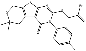 2-[(2-bromo-2-propenyl)sulfanyl]-6,6-dimethyl-3-(4-methylphenyl)-3,5,6,8-tetrahydro-4H-pyrano[4',3':4,5]thieno[2,3-d]pyrimidin-4-one Struktur