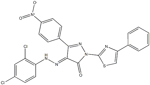 3-{4-nitrophenyl}-1-(4-phenyl-1,3-thiazol-2-yl)-1H-pyrazole-4,5-dione 4-[(2,4-dichlorophenyl)hydrazone] Struktur