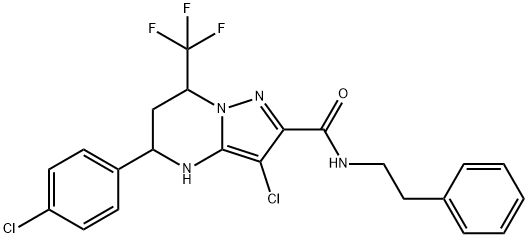 3-chloro-5-(4-chlorophenyl)-N-(2-phenylethyl)-7-(trifluoromethyl)-4,5,6,7-tetrahydropyrazolo[1,5-a]pyrimidine-2-carboxamide Struktur