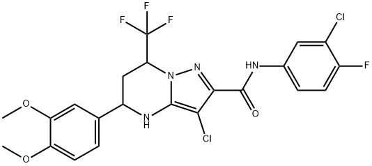 3-chloro-N-(3-chloro-4-fluorophenyl)-5-(3,4-dimethoxyphenyl)-7-(trifluoromethyl)-4,5,6,7-tetrahydropyrazolo[1,5-a]pyrimidine-2-carboxamide Struktur