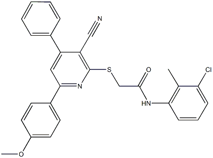 N-(3-chloro-2-methylphenyl)-2-{[3-cyano-6-(4-methoxyphenyl)-4-phenyl-2-pyridinyl]sulfanyl}acetamide Struktur