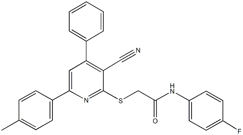 2-{[3-cyano-6-(4-methylphenyl)-4-phenyl-2-pyridinyl]sulfanyl}-N-(4-fluorophenyl)acetamide Struktur