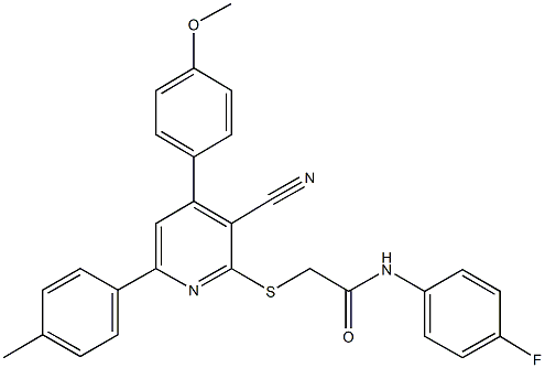 2-{[3-cyano-4-(4-methoxyphenyl)-6-(4-methylphenyl)-2-pyridinyl]sulfanyl}-N-(4-fluorophenyl)acetamide Struktur