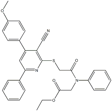 ethyl [({[3-cyano-4-(4-methoxyphenyl)-6-phenyl-2-pyridinyl]sulfanyl}acetyl)anilino]acetate Struktur