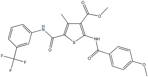 methyl 4-methyl-2-({[4-(methyloxy)phenyl]carbonyl}amino)-5-({[3-(trifluoromethyl)phenyl]amino}carbonyl)thiophene-3-carboxylate Struktur