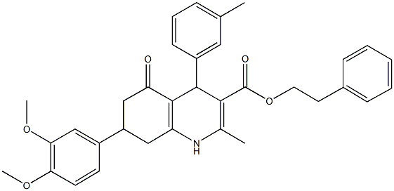 2-phenylethyl 7-(3,4-dimethoxyphenyl)-2-methyl-4-(3-methylphenyl)-5-oxo-1,4,5,6,7,8-hexahydro-3-quinolinecarboxylate Struktur