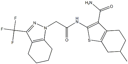 6-methyl-2-({[3-(trifluoromethyl)-4,5,6,7-tetrahydro-1H-indazol-1-yl]acetyl}amino)-4,5,6,7-tetrahydro-1-benzothiophene-3-carboxamide Struktur