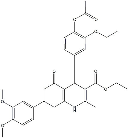 ethyl 4-[4-(acetyloxy)-3-ethoxyphenyl]-7-(3,4-dimethoxyphenyl)-2-methyl-5-oxo-1,4,5,6,7,8-hexahydro-3-quinolinecarboxylate Struktur