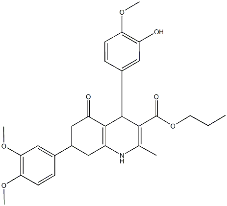 propyl 7-(3,4-dimethoxyphenyl)-4-(3-hydroxy-4-methoxyphenyl)-2-methyl-5-oxo-1,4,5,6,7,8-hexahydro-3-quinolinecarboxylate Struktur