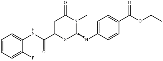 ethyl 4-({6-[(2-fluoroanilino)carbonyl]-3-methyl-4-oxo-1,3-thiazinan-2-ylidene}amino)benzoate Struktur