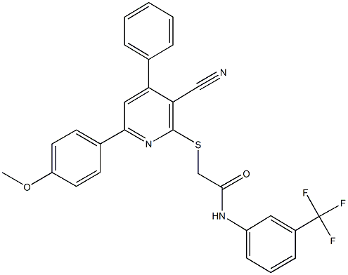 2-{[3-cyano-6-(4-methoxyphenyl)-4-phenyl-2-pyridinyl]sulfanyl}-N-[3-(trifluoromethyl)phenyl]acetamide Struktur