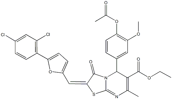 ethyl 5-[4-(acetyloxy)-3-methoxyphenyl]-2-{[5-(2,4-dichlorophenyl)-2-furyl]methylene}-7-methyl-3-oxo-2,3-dihydro-5H-[1,3]thiazolo[3,2-a]pyrimidine-6-carboxylate Struktur