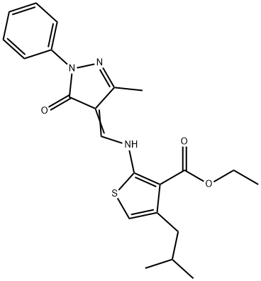 ethyl 4-isobutyl-2-{[(3-methyl-5-oxo-1-phenyl-1,5-dihydro-4H-pyrazol-4-ylidene)methyl]amino}-3-thiophenecarboxylate Struktur