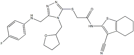 N-(3-cyano-4,5,6,7-tetrahydro-1-benzothien-2-yl)-2-{[5-[(4-fluoroanilino)methyl]-4-(tetrahydro-2-furanylmethyl)-4H-1,2,4-triazol-3-yl]sulfanyl}acetamide Struktur