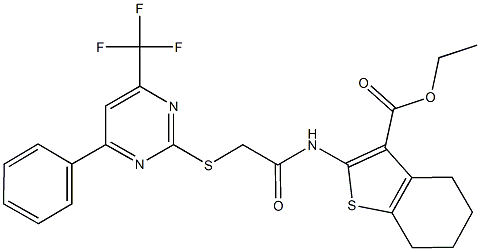 ethyl 2-[({[4-phenyl-6-(trifluoromethyl)-2-pyrimidinyl]sulfanyl}acetyl)amino]-4,5,6,7-tetrahydro-1-benzothiophene-3-carboxylate Struktur