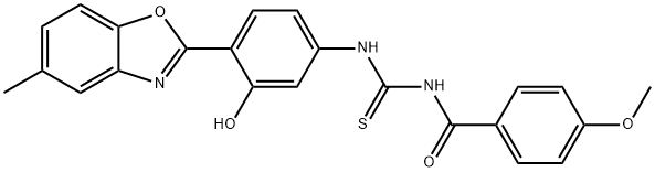 N-[3-hydroxy-4-(5-methyl-1,3-benzoxazol-2-yl)phenyl]-N'-(4-methoxybenzoyl)thiourea Struktur