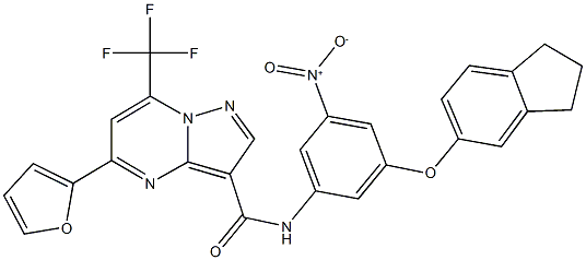 N-{3-(2,3-dihydro-1H-inden-5-yloxy)-5-nitrophenyl}-5-(2-furyl)-7-(trifluoromethyl)pyrazolo[1,5-a]pyrimidine-3-carboxamide Struktur