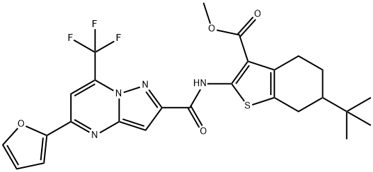 methyl 6-tert-butyl-2-({[5-(2-furyl)-7-(trifluoromethyl)pyrazolo[1,5-a]pyrimidin-2-yl]carbonyl}amino)-4,5,6,7-tetrahydro-1-benzothiophene-3-carboxylate Struktur