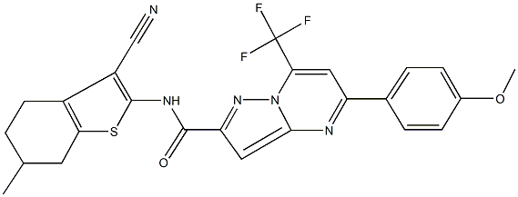 N-(3-cyano-6-methyl-4,5,6,7-tetrahydro-1-benzothien-2-yl)-5-(4-methoxyphenyl)-7-(trifluoromethyl)pyrazolo[1,5-a]pyrimidine-2-carboxamide Struktur