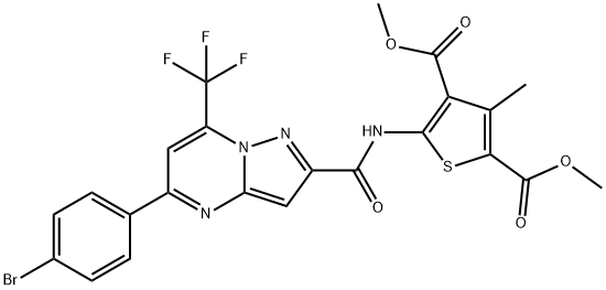 dimethyl 5-({[5-(4-bromophenyl)-7-(trifluoromethyl)pyrazolo[1,5-a]pyrimidin-2-yl]carbonyl}amino)-3-methyl-2,4-thiophenedicarboxylate Struktur