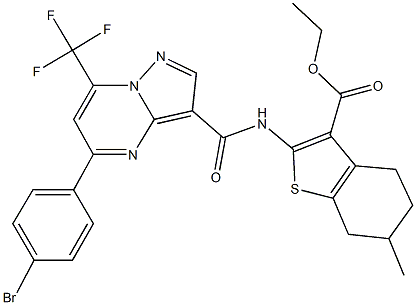 ethyl 2-({[5-(4-bromophenyl)-7-(trifluoromethyl)pyrazolo[1,5-a]pyrimidin-3-yl]carbonyl}amino)-6-methyl-4,5,6,7-tetrahydro-1-benzothiophene-3-carboxylate Struktur