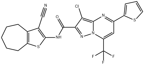 3-chloro-N-(3-cyano-5,6,7,8-tetrahydro-4H-cyclohepta[b]thien-2-yl)-5-(2-thienyl)-7-(trifluoromethyl)pyrazolo[1,5-a]pyrimidine-2-carboxamide Struktur