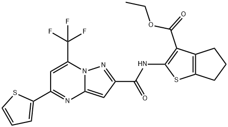 ethyl 2-({[5-(2-thienyl)-7-(trifluoromethyl)pyrazolo[1,5-a]pyrimidin-2-yl]carbonyl}amino)-5,6-dihydro-4H-cyclopenta[b]thiophene-3-carboxylate Struktur