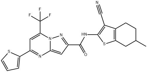 N-(3-cyano-6-methyl-4,5,6,7-tetrahydro-1-benzothien-2-yl)-5-(2-thienyl)-7-(trifluoromethyl)pyrazolo[1,5-a]pyrimidine-2-carboxamide Struktur